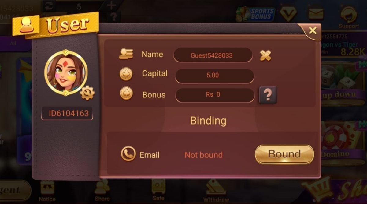 Card Rummy game profile page with user information and email binding option.