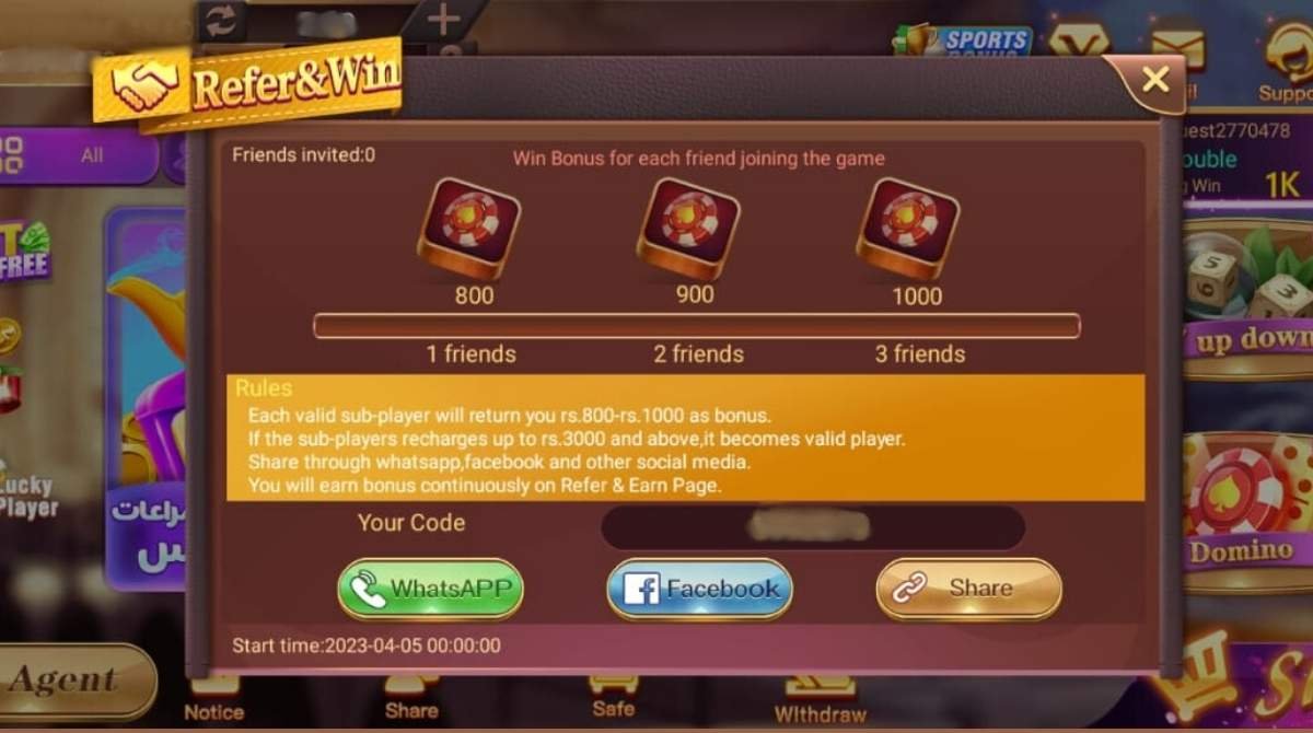 Screenshot of the Refer & Win section in the Card Rummy app, showing referral bonuses of 800, 900, and 1000 for inviting friends, with sharing options via WhatsApp, Facebook, and more.