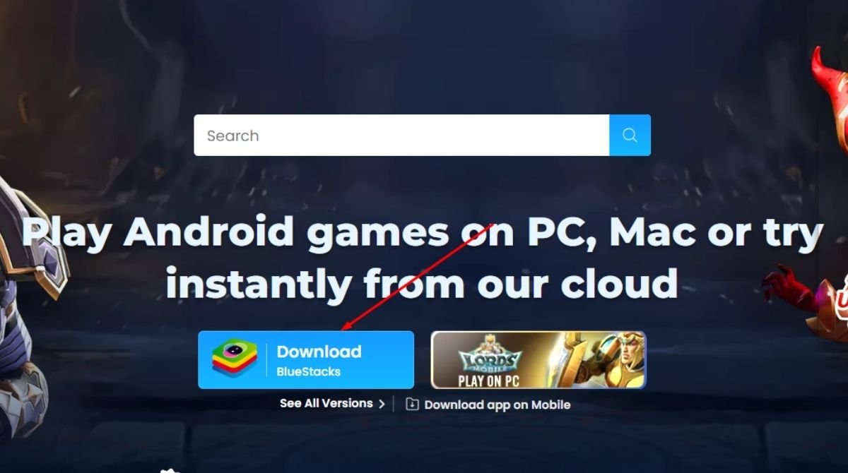 Homepage of BlueStacks website highlighting the download button for playing Android games on PC or Mac