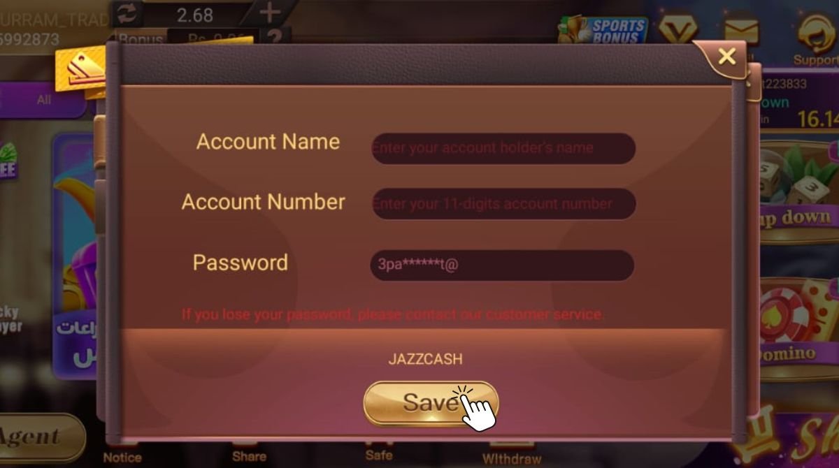Card Rummy JazzCash withdrawal form showing fields for account name, account number, and password with a save button.