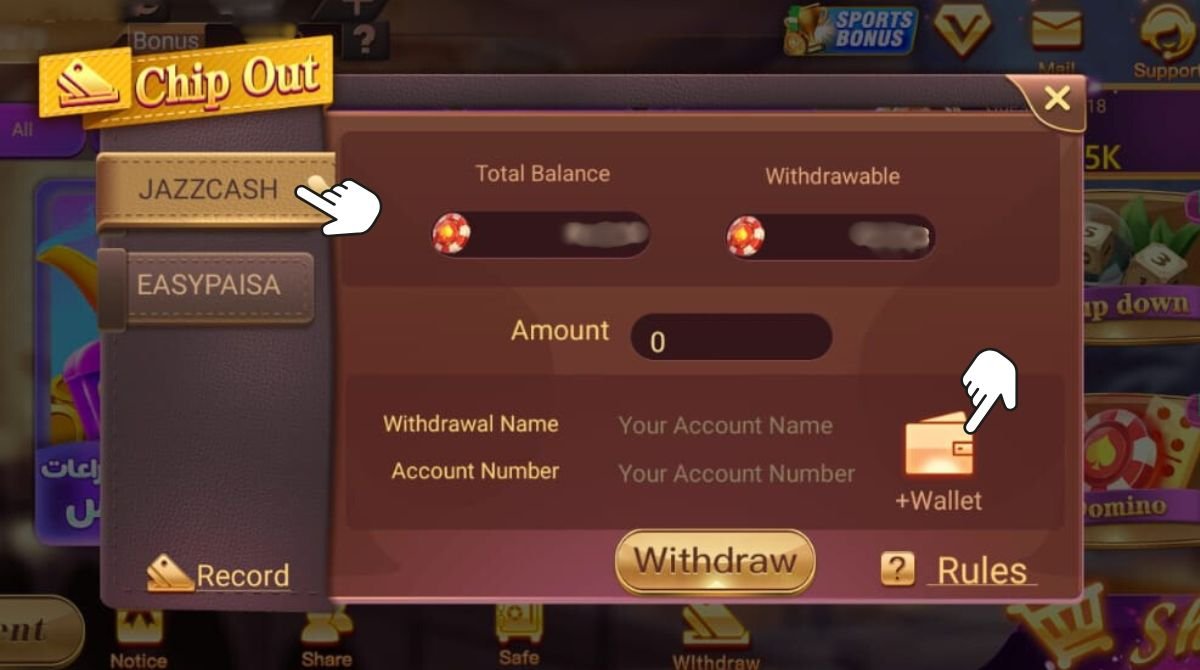 Card Rummy withdrawal screen showing JazzCash and Easypaisa options with fields for account name, account number, and withdrawal amount.